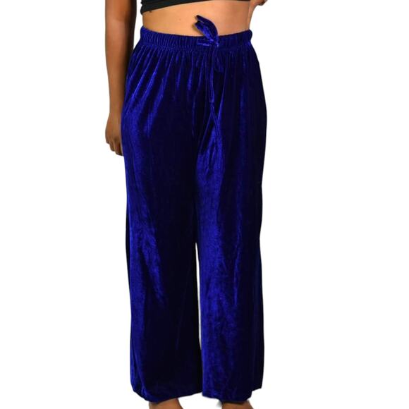 Vintage Velvet Pants Blue Cobalt Drawstring Pajama Lounge Straight Leg 70s Small - Picture 7 of 12